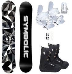 Symbolic Platinum Men's Snowboard And White Bindings With Boots 3PC Complete Package Size & Wide