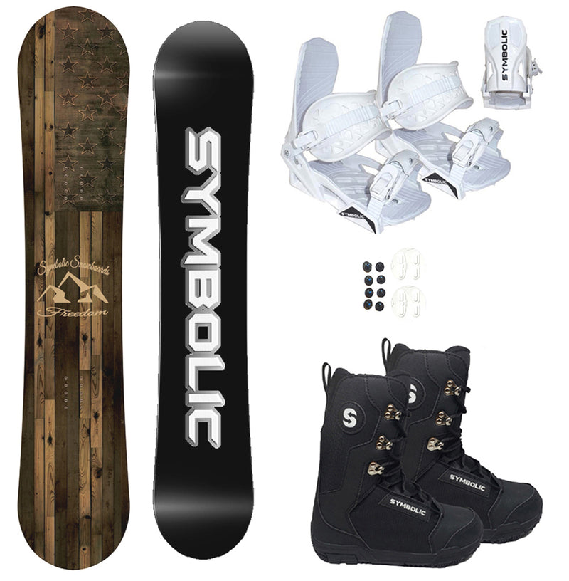 Symbolic Freedom Men's Snowboard And White Bindings With Boots 3PC Complete Package All Size & Wide