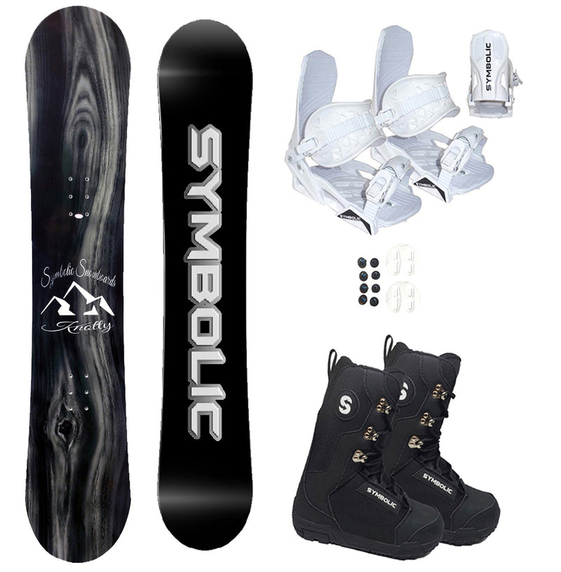 Symbolic Knotty Women's Snowboard And White Bindings With Boots 3PC Complete Package