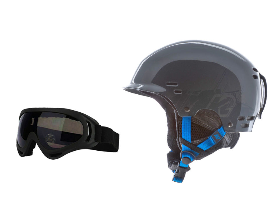K2 Thrive Gray Blue Dial Helmet & Goggles Recon Combo Snowboard Ski Package S-M